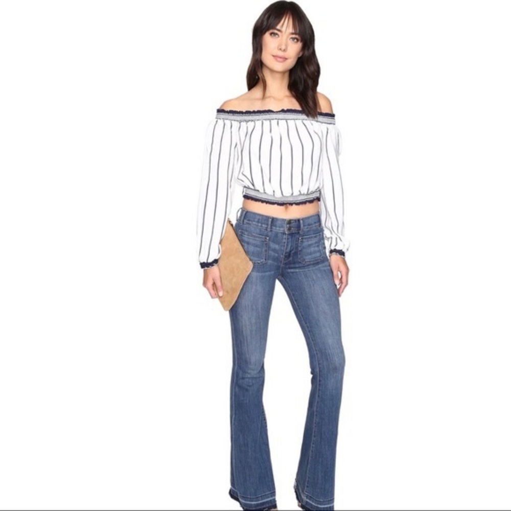 LOVERS + FRIENDS STRIPED OFF-THE-SHOULDER CROP TOP